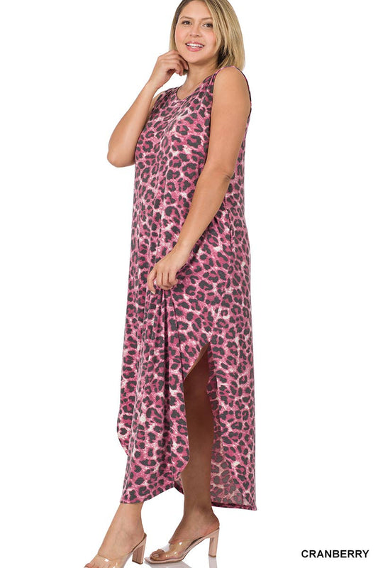 PLUS SIZE LEOPARD SLEEVELESS ROUND NECK MAXI DRESS WITH