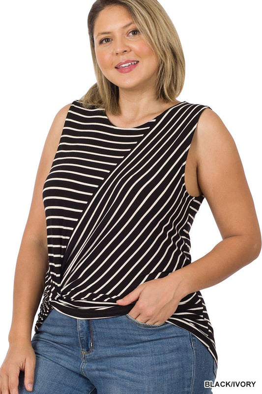 Plus Striped Knot Front Sleeveless Top