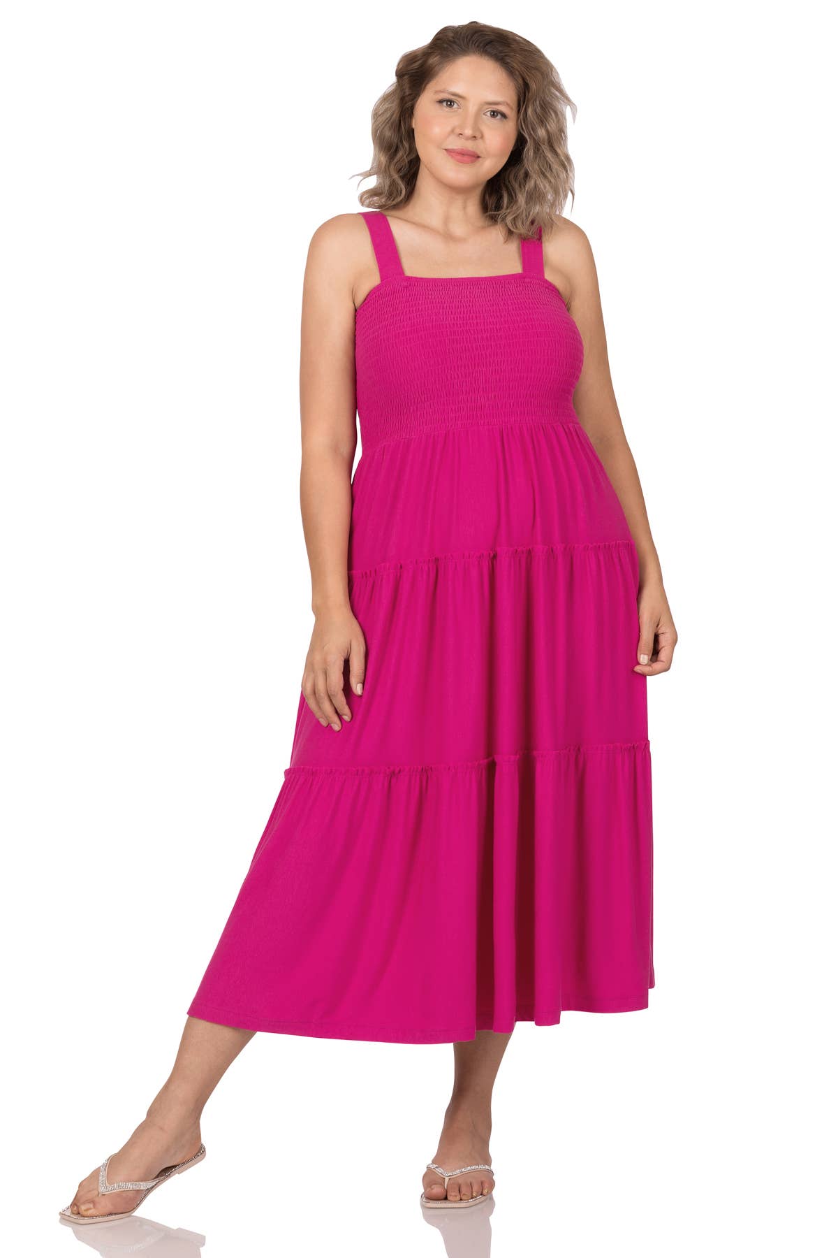 PLUS SIZE SMOCKED TIERED MIDI DRESS