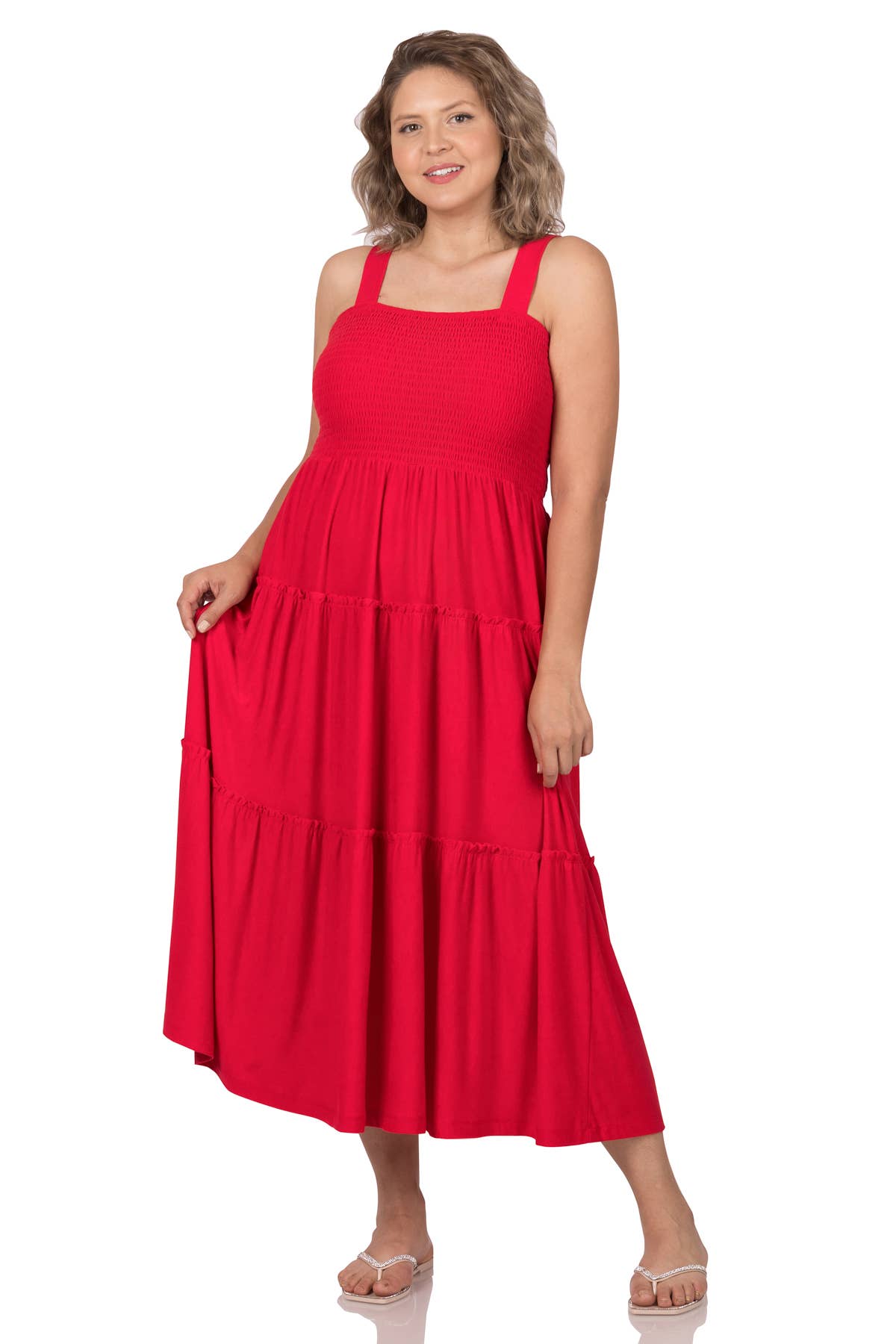 PLUS SIZE SMOCKED TIERED MIDI DRESS