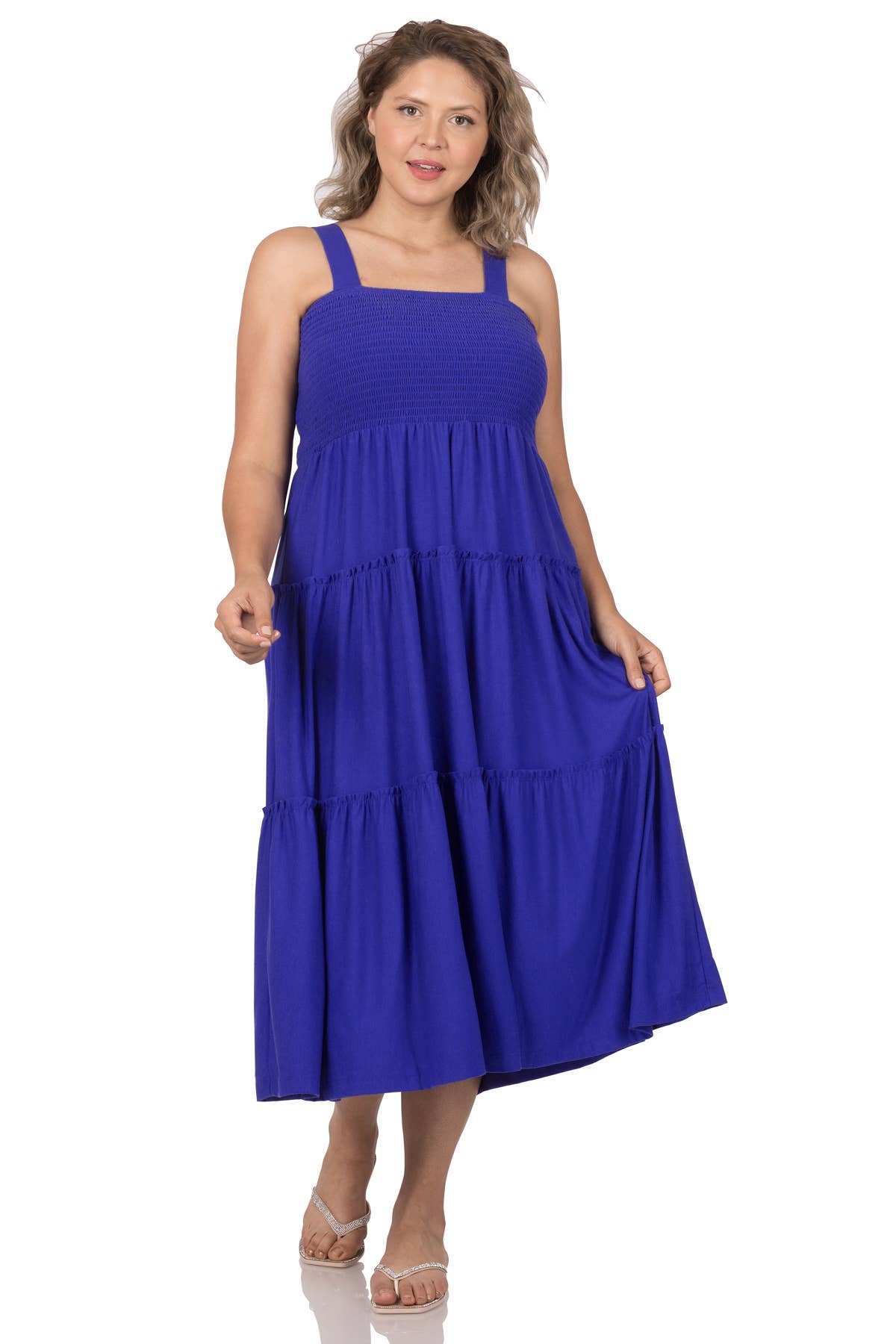 PLUS SIZE SMOCKED TIERED MIDI DRESS