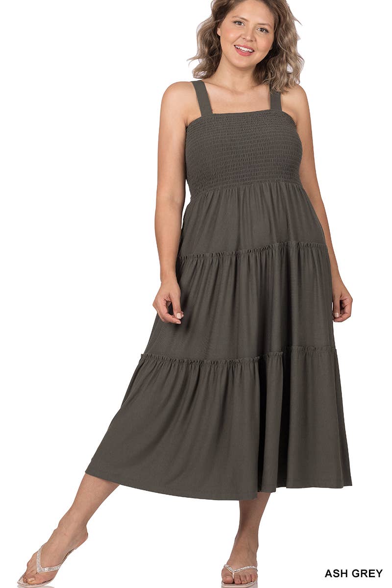 PLUS SIZE SMOCKED TIERED MIDI DRESS