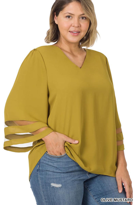 Plus Size Woven Wool Olive Mesh Panel 3/4 Bell Sleeve