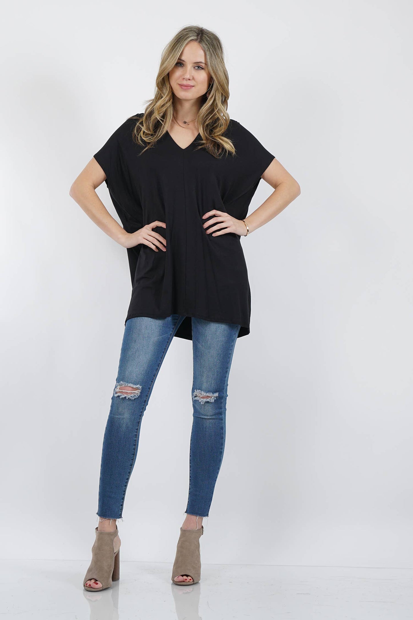 Black Double Vneck Loose Fit Tunic