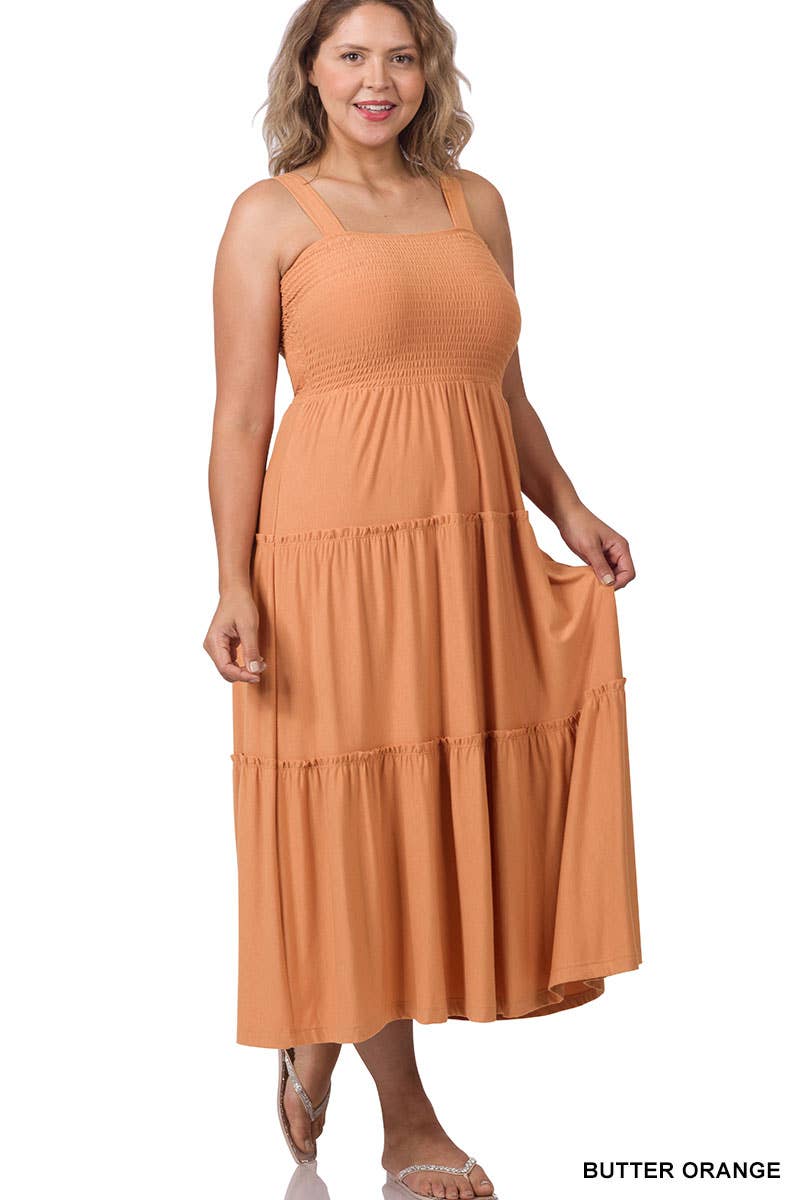 PLUS SIZE SMOCKED TIERED MIDI DRESS