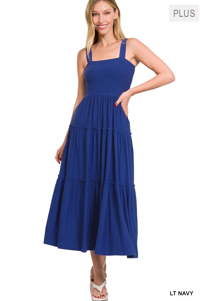 PLUS SIZE SMOCKED TIERED MIDI DRESS