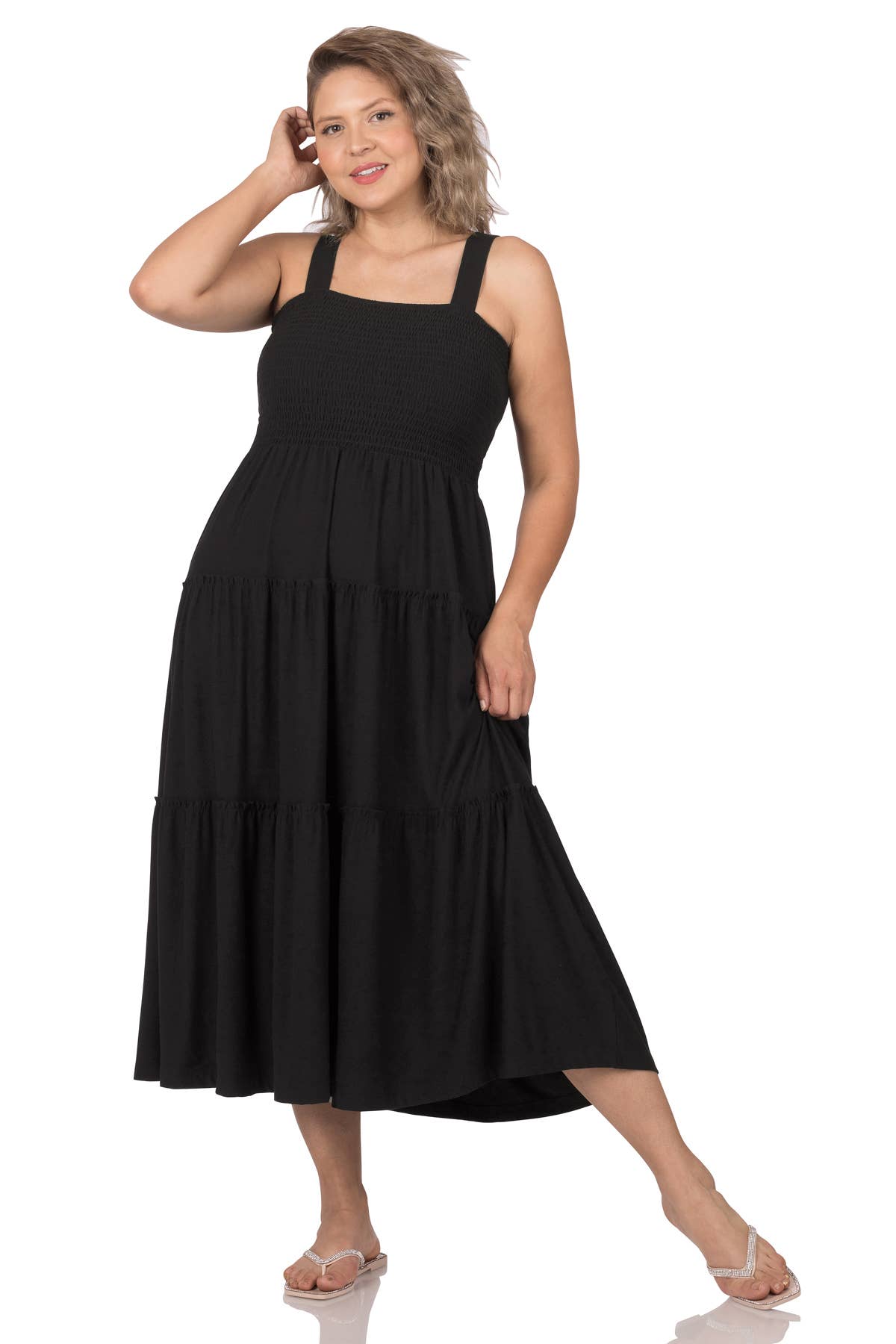 PLUS SIZE SMOCKED TIERED MIDI DRESS