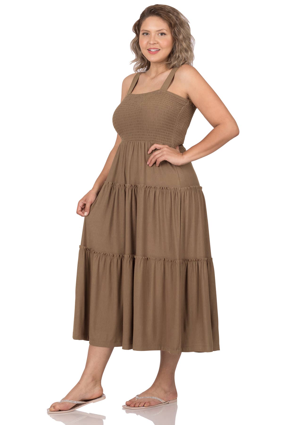 PLUS SIZE SMOCKED TIERED MIDI DRESS