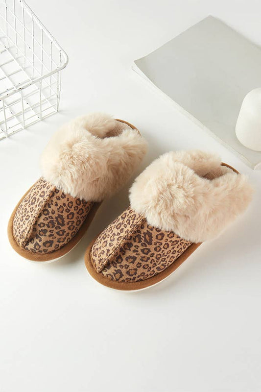 Fur Trim Small Leopard Pattern Winter Slippers