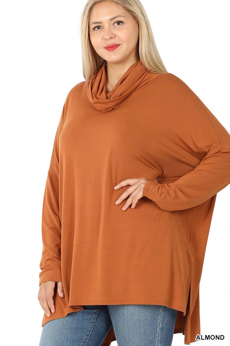 PLUS SIZE COWL NECK LONG SLEEVE  HI-LOW TOP